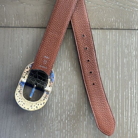 Croc Embossed Black Leather Belt Oval Ornate Silver Tone Buckle Women’s Size XL - Picture 4 of 12